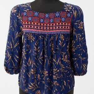 🌸 Anthropologie Blue & Pink Floral Blouse | Size XSP Unique Mixed Knit & Woven